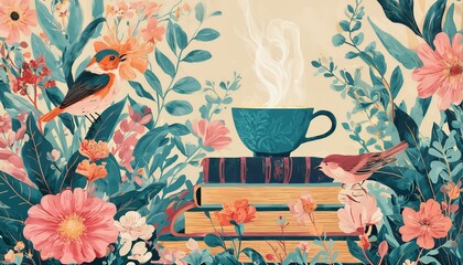 a whimsical illustration depicts a steaming teacup atop a stack of vintage books surrounded by vibrant floral foliage and two charming birds.