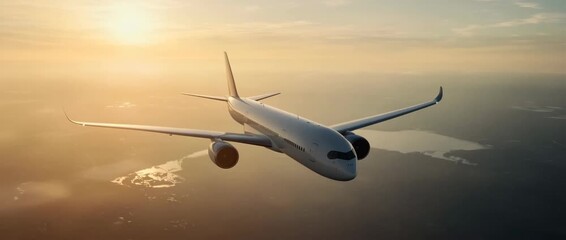 Airplane flying over landscape during sunset with soft light and calm atmosphere showcasing modern aircraft design wings engine flight travel transportation sky horizon clouds sunlight aerial journey