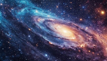 Fototapeta premium a vibrant spiral galaxy shimmers with celestial hues of blue, purple, and gold against a backdrop of countless distant stars.