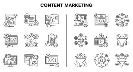 Modern content marketing strategy and digital promotion outline icons showcasing online engagement, analytics, and creative content creation concepts