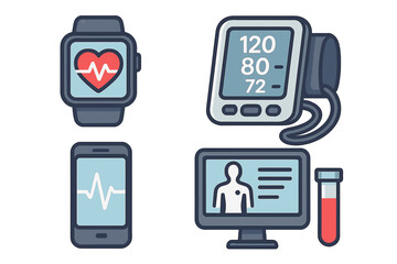 Health technology icon set for vital signs monitoring. Digital health care illustration with smartwatch, blood pressure monitor, EKG app and patient medical data analysis vector.