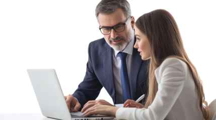 Male executive manager explaining project results to female colleague in office while using a laptop isolated on transparent background 