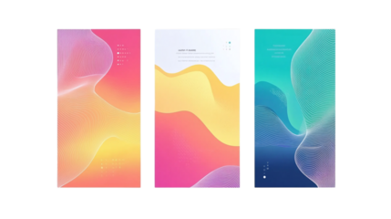 Modern abstract covers set with colorful geometric backgrounds depicted as a professional infographic with clean layout and iconography isolated on transparent background