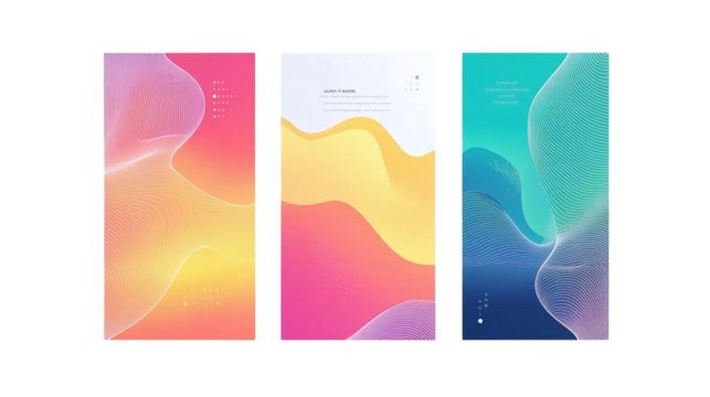Modern abstract covers set with colorful geometric backgrounds depicted as a professional infographic with clean layout and iconography isolated on transparent background 