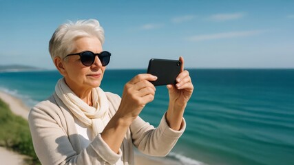 Smiling senior woman taking a smartphone photo at the seaside on a sunny day, wearing sunglasses.