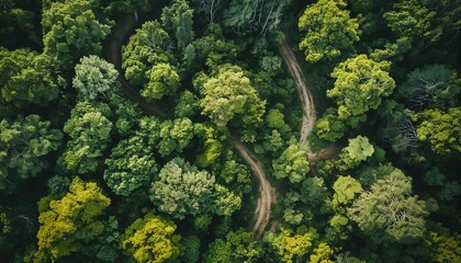 a winding dirt path cuts through a dense canopy of lush green trees as seen from a high aerial perspective.