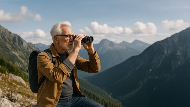 Senior hiker with backpack using binoculars to observe distant mountain peaks under blue skies, enjoying nature and adventure travel.