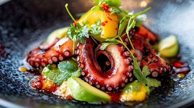 Food plate of octopus ceviche with chili lemon and avocado - Powered by Adobe