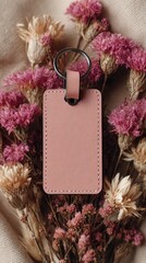 Light pink leather keychain tag, surrounded by dried flowers