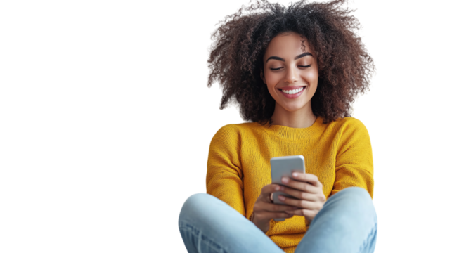 Woman seated casually at home smiling while texting on smartphone isolated on transparent background 