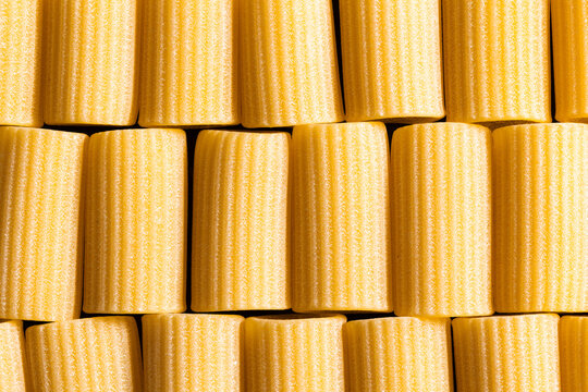 Closeup of beauitful handmade rigatone pasta 