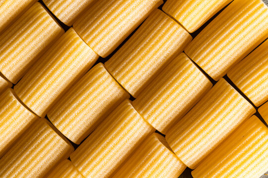 Closeup of beauitful handmade rigatone pasta 