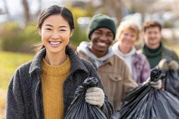 Cheerful young diverse volunteers engage in a community park cleanup effort.