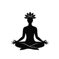 Yoga meditation silhouette with a lotus flower icon.