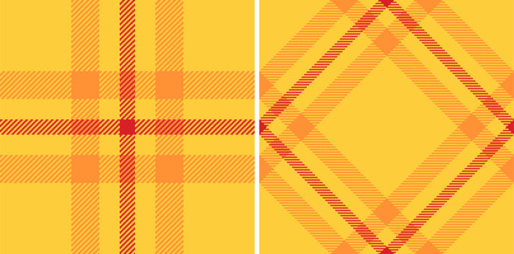 Cheerful tartan patterns featuring a warm yellow palette with orange and red accents. Use for textile designs, backgrounds, or graphic elements. Bright, versatile, and visually appealing.