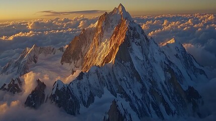 Breathtaking mountain range above clouds at sunrise cinematic epic view