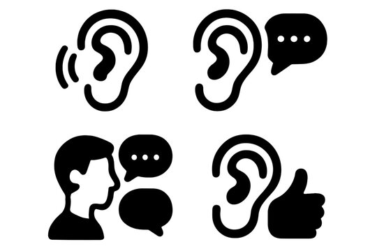 Active listening and communication icon set. Solid vector icons for improving listening skills. Ear, speech bubble, dialogue, and feedback symbols. Hearing and understanding concept.