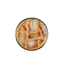 Close up overhead view of a refreshing iced coffee with creamy foam and ice cubes