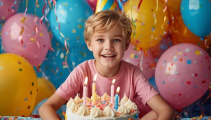 a cheerful young boy with blond hair smiles brightly while sitting in front of a birthday cake decorated with colorful sprinkles and lit candles, surrounded by vibrant pink, blue, and yellow balloons.
