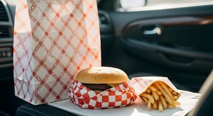 Burger, fries, and a take-out bag rest on a car's center console, suggesting a quick meal on the go.
