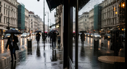 Fototapeta premium People with umbrella on urban street in the rain reflecting on wet pavement. Rainy city scene with cars and building.