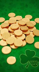 Pile of golden coins with clover emblem on green surface. St. Patrick's day symbol background. Irish luck concept.