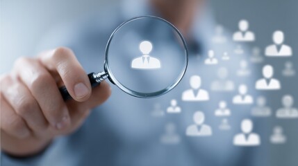Person's hand magnifying a business figure, office background, for recruitment & human resources