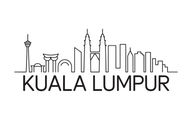 Minimalist Kuala Lumpur Skyline Depiction in Simple Black and White Line Art, Featuring the City's Iconic Landmarks and Architectural Outline