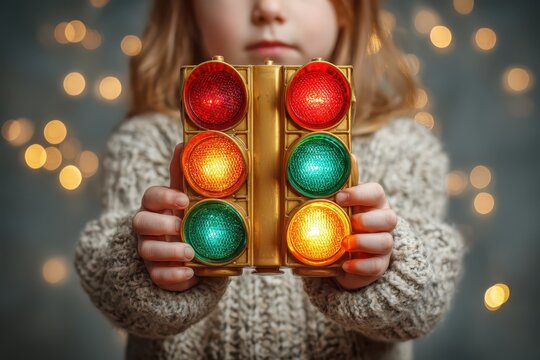 Child in sweater holds a bright, glowing toy traffic light, festive bokeh. - Powered by Adobe
