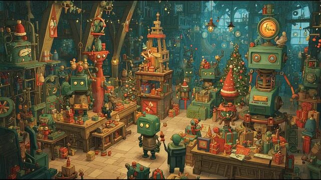 A bustling north pole workshop with robot elves filled with festive decorations presents and a lively atmosphere