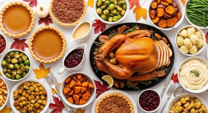 Traditional festive Thanksgiving turkey dinner. Turkey, mashed potatoes, dressing, pumpkin pie and sides. Top view table scene on a white banner background.