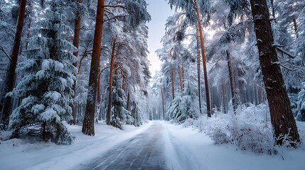 Winter path covered in snow, flanked by tall pine trees on both sides, offering a blank space for adding a message or inspirational winter quote.