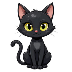 Cute Halloween Black Cat with Big Green Eyes for Spooky and Festive Illustrations.PNG on Transparent Background.