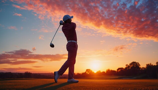 a silhouetted golfer swings against a vibrant and dramatic sunset over a lush green golf course. - Powered by Adobe