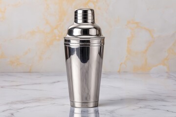 A stylish stainless steel cocktail shaker on a reflective marble surface.