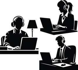 Remote Worker Wearing Headphones at Laptop Vector