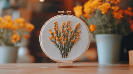 Artistic floral embroidery design in a hoop on a wooden surface