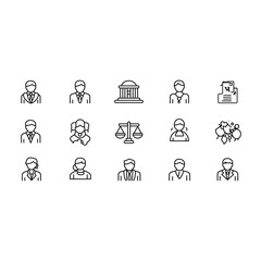 a set of icons representing law, justice, and social themes in a black vector outline on a white background. 