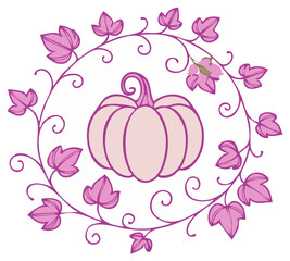 Pink pumpkin framed by swirling vines and leaves creating a decorative border