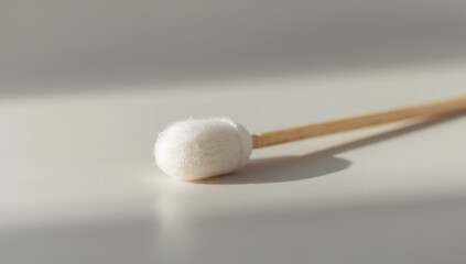 Professional Macro Shot of a Single White Cotton Swab on a Light Gray Background with Natural Sunlight and Shadows