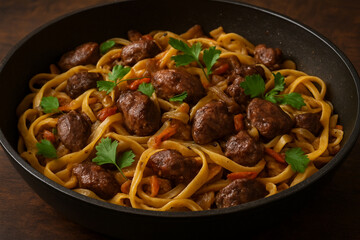 pasta linguine with fried chicken liver, top view