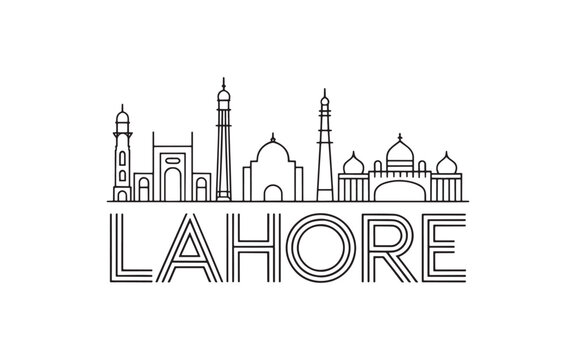 Lahore City Skyline Silhouette in Minimalist Line Art Style, Featuring Architectural Landmarks and the City Name in Bold Typography
