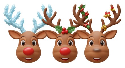 Three cartoon reindeer heads festive design