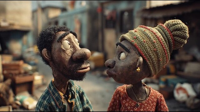 Clay puppet african familyin a ghetto township dirty shacks and surounding garbage everywhere angry expression soft eyes full of innocence slightly slouched posture crafted in stop-motion  d_trimmed