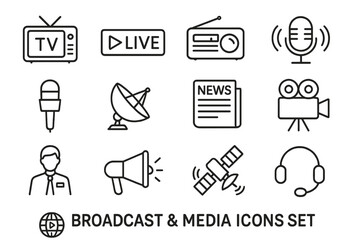 Broadcast and media outline icons set. Linear communication and news symbols. Vector collection of TV, live, radio, microphone, camera, satellite dish, newspaper, and anchor.
