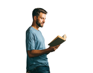 Person Leaning Against Bookshelf Reading Hardcover, Side View, isolated transparent background png