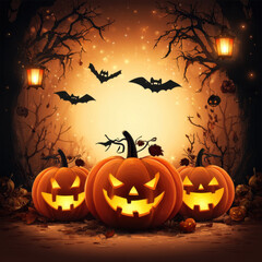 Halloween pumpkin jack o lanterns glowing with light in spooky forest scene with bats and lanterns creating mysterious atmosphere