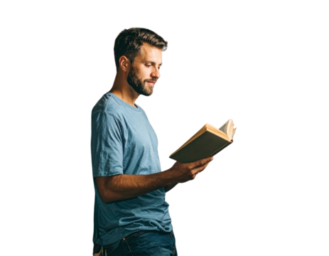Person Leaning Against Bookshelf Reading Hardcover, Side View, isolated transparent background png