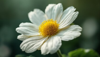 a close-up view showcases a delicate white anemone flower with a vibrant yellow center against a blurred dark green background.