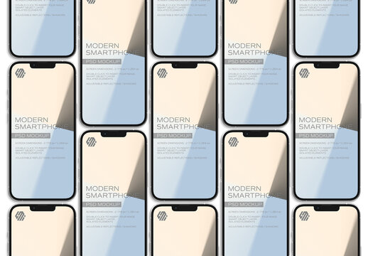 Lined Up Modern Smartphones With Shadows Mockup